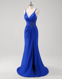 Royal Blue Mermaid Spaghetti Applique Slit Prom Dress