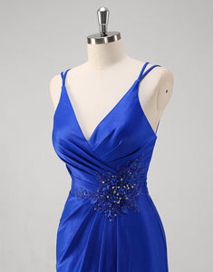 Royal Blue Mermaid Spaghetti Applique Slit Prom Dress