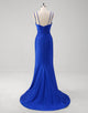 Royal Blue Mermaid Spaghetti Applique Slit Prom Dress