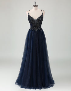 Navy A-Line Spaghetti V-Neck Sequin Tulle Prom Dress