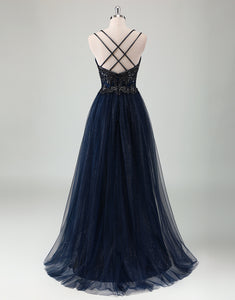 Navy A-Line Spaghetti V-Neck Sequin Tulle Prom Dress