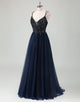 Navy A-Line Spaghetti V-Neck Sequin Tulle Prom Dress