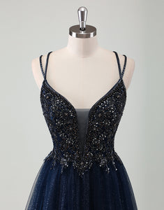 Navy A-Line Spaghetti V-Neck Sequin Tulle Prom Dress