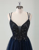 Navy A-Line Spaghetti V-Neck Sequin Tulle Prom Dress