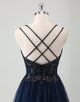 Navy A-Line Spaghetti V-Neck Sequin Tulle Prom Dress