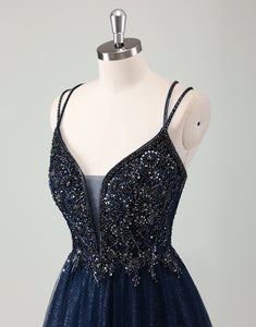 Navy A-Line Spaghetti V-Neck Sequin Tulle Prom Dress