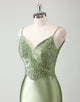 Sage Mermaid Spaghetti Sequin Floor Length Prom Dress