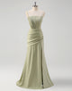 Sage Mermaid Spaghetti Backless Ruched Prom Dress