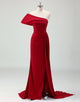 Burgundy Sheath One Shoulder Slit Prom Dress