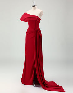 Burgundy Sheath One Shoulder Slit Prom Dress