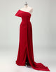 Burgundy Sheath One Shoulder Slit Prom Dress