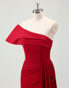 Burgundy Sheath One Shoulder Slit Prom Dress