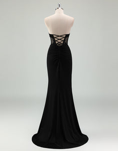 Black Mermaid Strapless Applique Slit Prom Dress