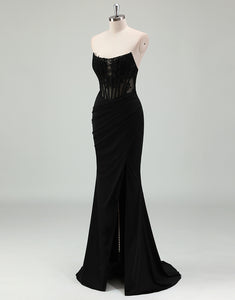 Black Mermaid Strapless Applique Slit Prom Dress