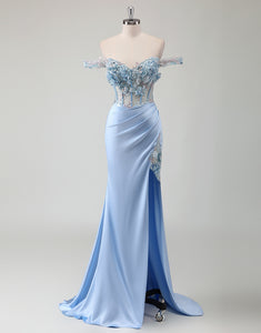 Sky Blue Mermaid Off The Shoulder 3D Flower Slit Prom Dress