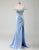 Sky Blue Mermaid Off The Shoulder 3D Flower Slit Prom Dress