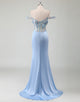 Sky Blue Mermaid Off The Shoulder 3D Flower Slit Prom Dress