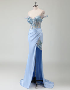 Sky Blue Mermaid Off The Shoulder 3D Flower Slit Prom Dress