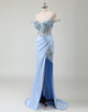 Sky Blue Mermaid Off The Shoulder 3D Flower Slit Prom Dress