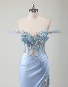 Sky Blue Mermaid Off The Shoulder 3D Flower Slit Prom Dress