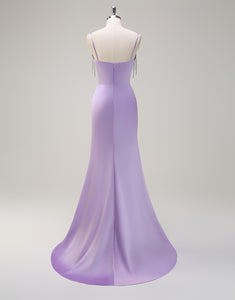 Lilac Mermaid Spaghetti Applique Tassel Prom Dress with Slit