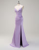 Lilac Mermaid Spaghetti Applique Tassel Prom Dress with Slit