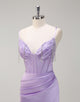 Lilac Mermaid Spaghetti Applique Tassel Prom Dress with Slit