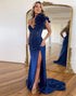 Mermaid Navy Flower One Shoulder Slit Prom Dress with Sweep Train