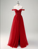 A-Line Strapless Lace Applique Tulle Prom Dress with Slit