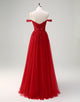 A-Line Strapless Lace Applique Tulle Prom Dress with Slit