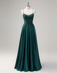 Dark Green Lace Applique A-Line Spaghetti Prom Dress