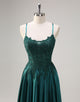 Dark Green Lace Applique A-Line Spaghetti Prom Dress