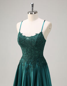 Dark Green Lace Applique A-Line Spaghetti Prom Dress