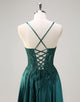 Dark Green Lace Applique A-Line Spaghetti Prom Dress