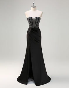 Black Strapless Crystal Prom Dress with Slit