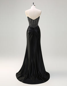 Black Strapless Crystal Prom Dress with Slit