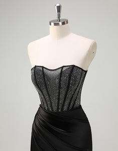 Black Strapless Crystal Prom Dress with Slit