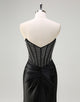 Black Strapless Crystal Prom Dress with Slit