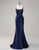 Navy Mermaid 3D Flower Spaghetti Lace Applique Prom Dress with Slit