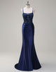 Navy Mermaid 3D Flower Spaghetti Lace Applique Prom Dress with Slit