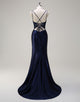 Navy Mermaid 3D Flower Spaghetti Lace Applique Prom Dress with Slit