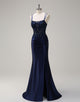 Navy Mermaid 3D Flower Spaghetti Lace Applique Prom Dress with Slit