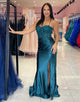 Grey Green Spaghetti Straps Mermaid Long Prom Dress with Appliques