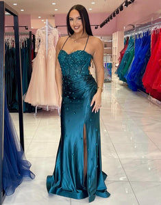 Grey Green Spaghetti Straps Mermaid Long Prom Dress with Appliques