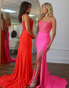 Fuchsia Spaghetti Straps Mermaid Long Corset Prom Dress with Slit