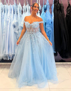 Sky Blue Off the Shoulder A-Line Tulle Long Prom Dress with Appliques