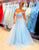 Sky Blue Off the Shoulder A-Line Tulle Long Prom Dress with Appliques