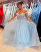 Sky Blue Off the Shoulder A-Line Tulle Long Prom Dress with Appliques