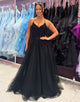 Black Spaghetti A-Line Tulle Long Prom Dress with Appliques