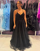 Black Spaghetti A-Line Tulle Long Prom Dress with Appliques